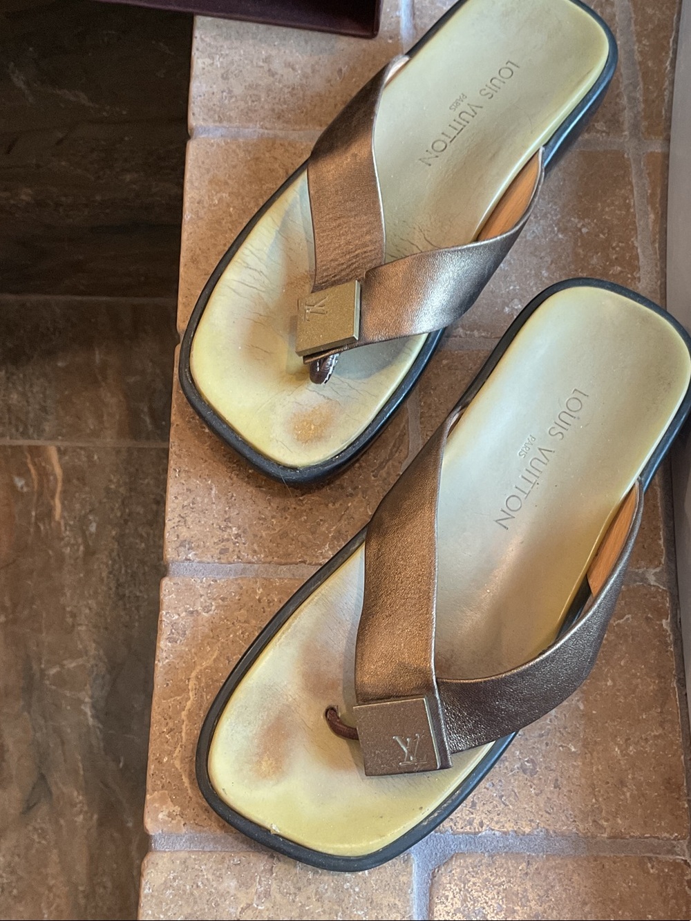 Louis Vuitton Vintage Bronze Metallic Leather Thong Sandals